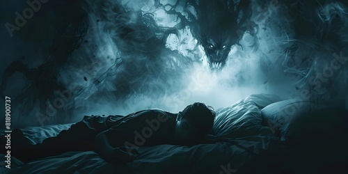 Eerie Shadowy Demon Haunting Sleeping Figure in Surreal Dark Surreal Nightmare Scene