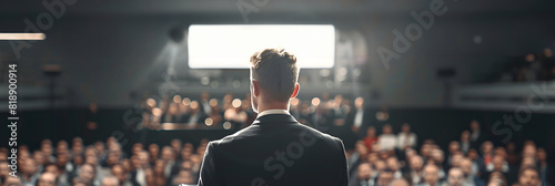 full body man in suit presenting to audience in crowded conference hall, soft-focus technique, handsome, in the style of fantastic, poster, composed, angular, white background