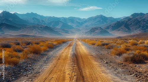 shows a natural landscape in the desert featuring tire tracks on a dirt road, framed by a blue sky and sparse vegetation
