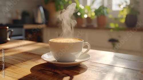 A Steaming Cup of Freshly Brewed Coffee on a Cozy Wooden Table
