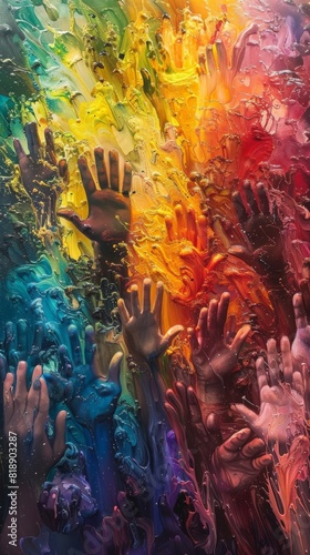 Abstract artwork of rainbow-colored hands reaching up towards the sky, symbolizing hope and aspiration, blending with a surrealistic art style.