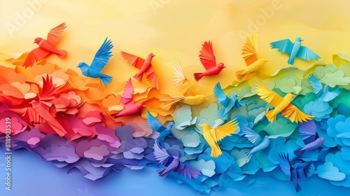 Artistic rendering of rainbow-colored birds flying in formation, symbolizing freedom and liberation, blending with a paper-cut art style.