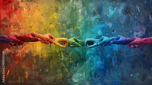 Artistic rendering of rainbow-colored hands forming a bridge, symbolizing connection and support, blending with a collage art style.