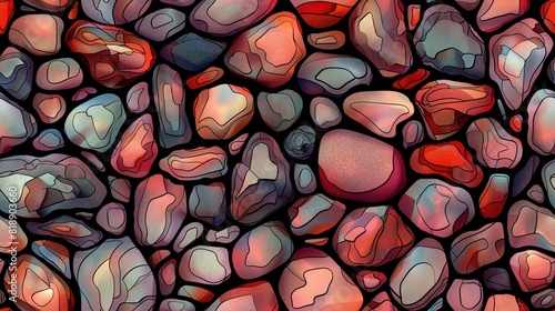  A zoomed-in photo of an assortment of reddish and bluish stones, with a prominent red and white stone at the center of the frame