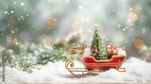 Christmas sleigh with tiny tree and small gift decorations with copy space