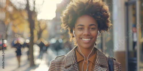 For enjoyment, black woman with earphones and music in city streets smiles. African American woman walking in city smiling joyfully for audio sound track