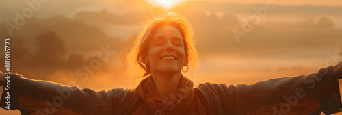 A serene, foggy outdoor landscape clears to reveal a smiling attractive middle-aged woman standing in a bright sunrise, her arms outstretched in joy.