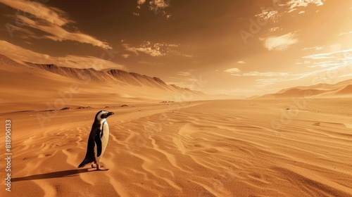 Climate Change concept Penguin walking in the desert.