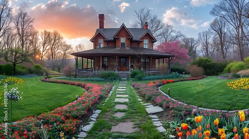 a panoramic view capturing the house amidst a garden bursting with springtime blooms
