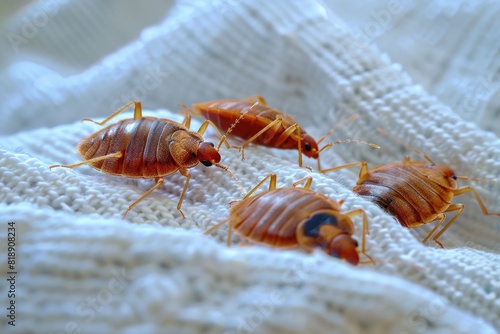 Closeup image of bed bugs crawling on a white cloth. Increasing issue of insect invasions and infestations in Europe.