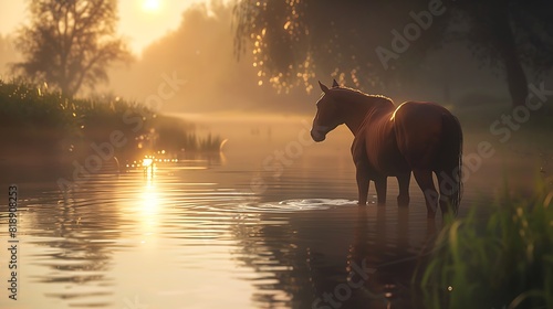 A serene scene of a horse peacefully wading through the calm waters of a river, with the sunlight casting a warm glow over the tranquil setting