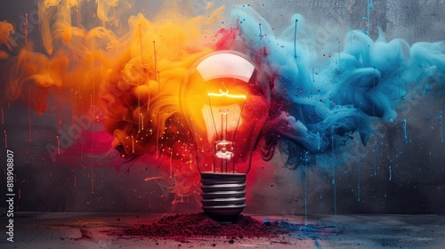 A light bulb is surrounded by colorful smoke and water