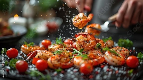 Sea cuisine, Professional cook prepares pieces of red fish, salmon, trout with vegetables.Cooking seafood, healthy vegetarian food and food on a dark background, Horizontal view, Banner