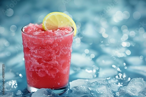 Refreshing watermelon slush with lemon slice on ice