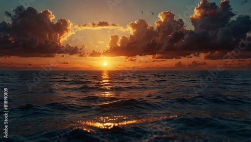 A view of a beautiful sunset over the ocean with clouds,.