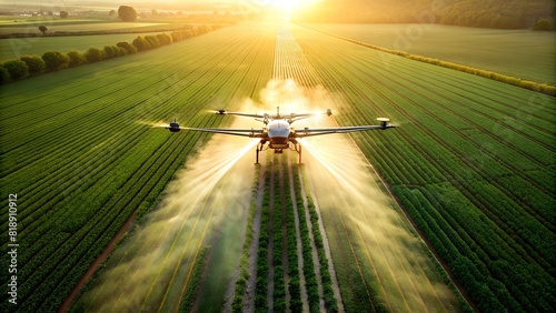 Aerial view of a drone spraying pesticides on agricultural fields at sunset