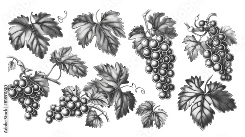  Hand drawn vine, grape bunches and leaves. Grapevine pattern set sketch. Vineyard illustration vintage engraving 3d avatrs set vector icon,
