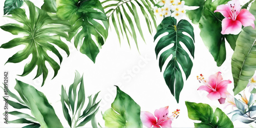 Watercolor of Tropical spring floral green leaves and flowers s isolated on white background, bouquets greeting or wedding card decoration, with Generative Ai.