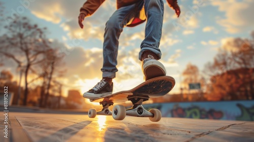 legs of a young man riding a skateboard jumping in a skate park on a spring evening.