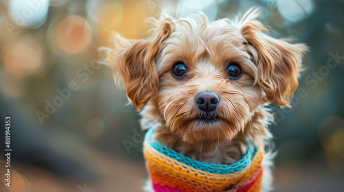 A fluffy puppy wearing a rainbow bandana around its neck, pride month theme