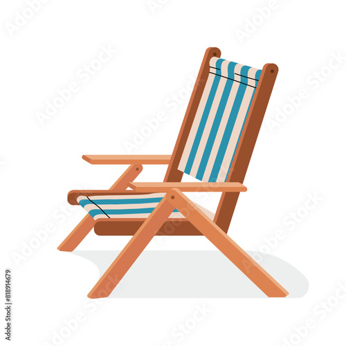 Wooden beach lounger. Chair with blue and white stripe. Outdoor furniture design isolated on white background. Suitable for summer recreation store. Vector flat illustration.