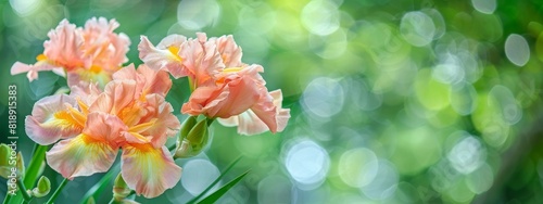 Beautiful large head of iris. Banner beautiful iris flower grow in the garden. Nature concept for design. Peach Iris Germanica. Close-up of a Peach flower iris on blurred green natural background. 