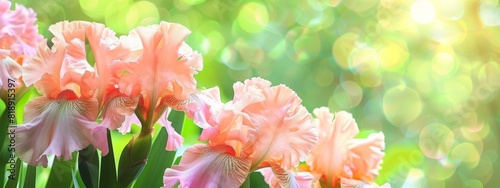 Beautiful large head of iris. Banner beautiful iris flower grow in the garden. Nature concept for design. Peach Iris Germanica. Close-up of a Peach flower iris on blurred green natural background. 