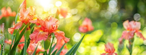 Beautiful large head of iris. Banner beautiful iris flower grow in the garden. Nature concept for design. Peach Iris Germanica. Close-up of a Peach flower iris on blurred green natural background. 