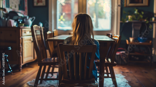 Backside of a sad and hopeless girl is sitting lonely on a chair at a dining table in a dining room with a window and natural light.