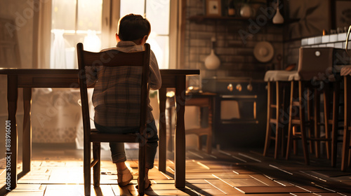 Backside of a sad and hopeless boy is sitting lonely on a chair at a dining table in a dining room with a window and natural light.