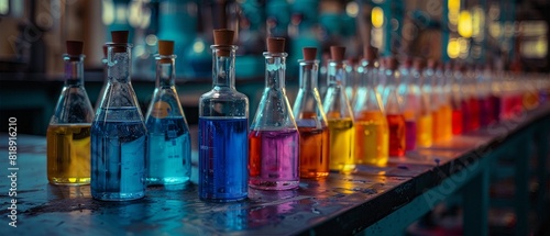 Colorful glass bottles with corks, filled with vibrant liquids, arranged in a laboratory setting under dim lighting.
