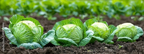Green blue Cabbage head in Cabbage field in summer. Blue leaves on garden bed in vegetable field. Gardening background with blue green Savoy cabbage plants in open ground, close up banner