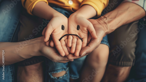 Close-up of a divorced family are putting their hands together with sad graphic on the hands.