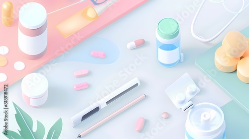 A colorful and neat arrangement of medication and healthcare items on a pastel background