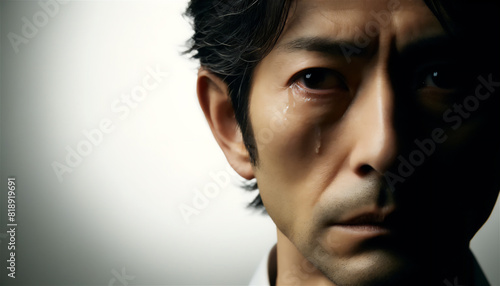 涙を流して泣く中年の日本人男性