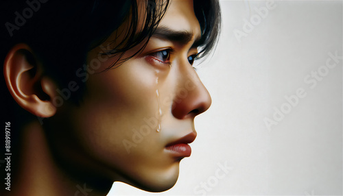 涙を流して泣く若い日本人男性