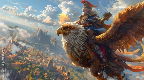 Wizard Soaring on Majestic Griffin Above Sprawling Fantasy Kingdom in Vibrant Digital Painting