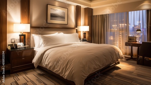 This image features a well-appointed hotel room with a large comfortable bed, elegant furnishings, and a night cityscape visible through the window