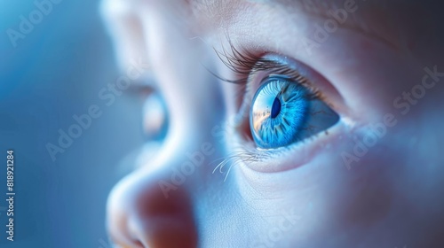 Close-up of a baby's blue eye with detailed reflections, symbolizing innocence and curiosity. Concept of childhood, curiosity, and innocence. 