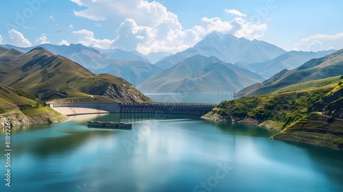 A serene mountain landscape featuring a hydroelectric dam and reservoir, illustrating the natural beauty and renewable energy potential of pumped hydro storage technology