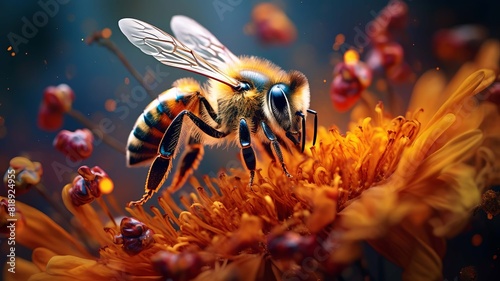 Honey bee sitting on hexagon patterned honeycomb. selective focus. Generative AI,