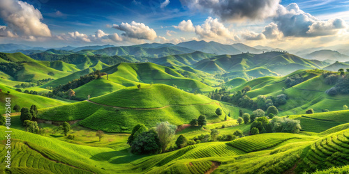 Lush green hills undulate under a dynamic sky, with patterns of cultivation adding texture to the landscape.Shadows and light dance across the terrain, emphasizing the rolling contours of the earth.AI