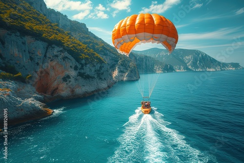 A daring parasailing adventure, with thrill-seekers soaring high above the water, attached to a colorful parachute