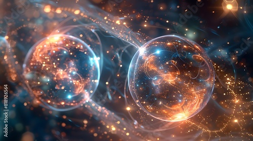Two entangled particles represented as glowing orbs, linked by a web of ethereal light, instantly mirroring each other’s states despite the vast distance between them