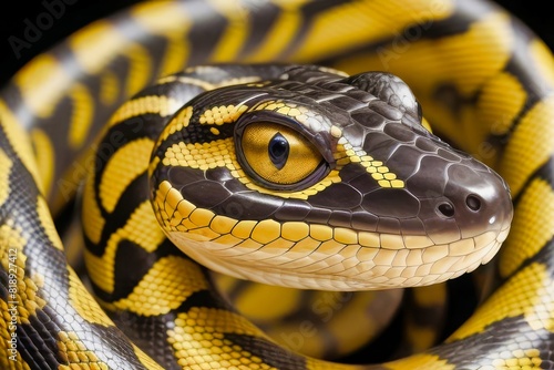 Fotografía profesional de estudio de una serpiente amarilla y negra mirando a la cámara 