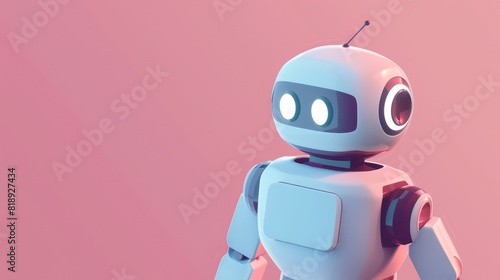 A friendly-looking white robot with large eyes and an antenna pictured against a soft pink background, invokes notions of future and technology