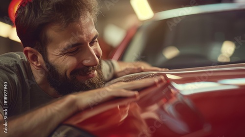 Man lovingly admiring and caressing the hood of a red car in a garage, conveying themes of passion, automotive care, and affection. Concept of passion, automotive care, and affection. 