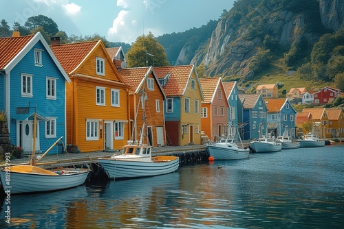 A picturesque coastal town with colorful houses, fishing boats in the harbor, and a rocky shoreline