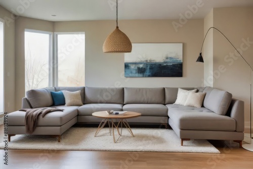 Living moderno, diseño de interiores, combinación de colores claros en tonos grises