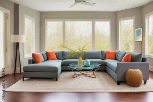 Living moderno, diseño de interiores, combinación de colores claros en tonos grises, naranjas y verdes
